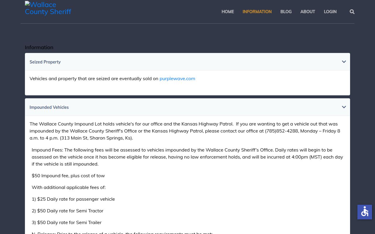 Wallace County jail information page for inmate population and VINE lookup